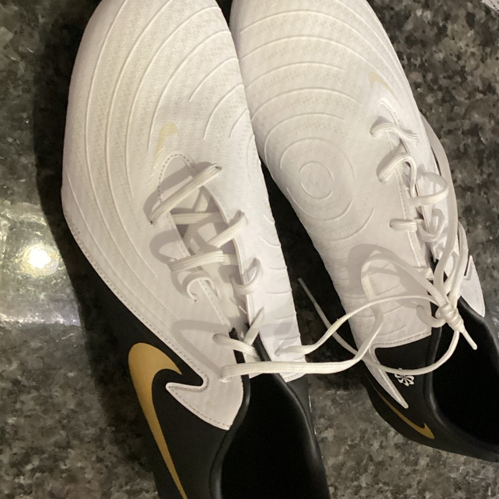 Nike White and Black Shoes with Gold Swoosh
